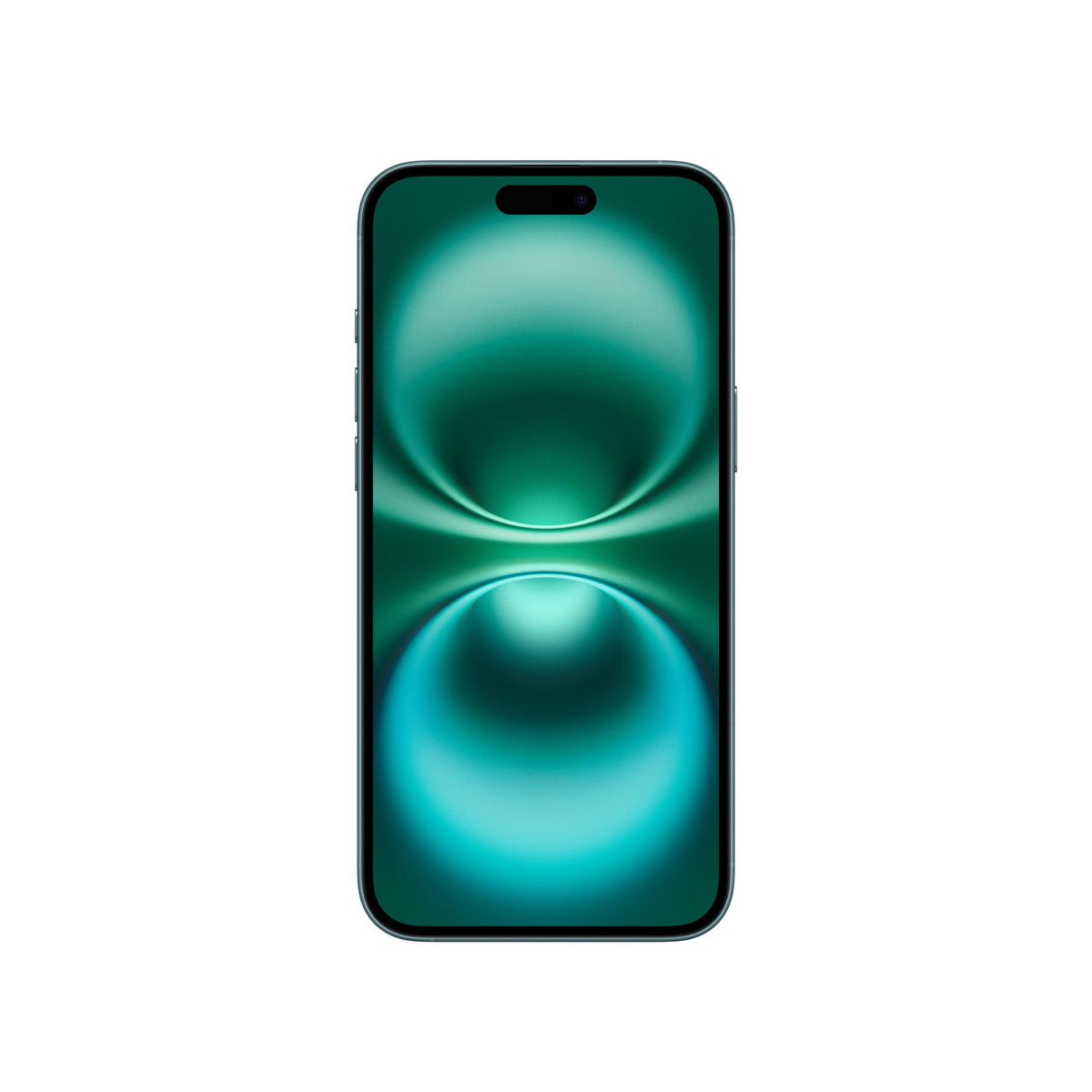 A front-facing view of the teal iPhone 16 showing its rich teal Super Retina XDR display, slim bezels, side buttons along the color-matched aluminum frame, and the pill-shaped Dynamic Island cutout.