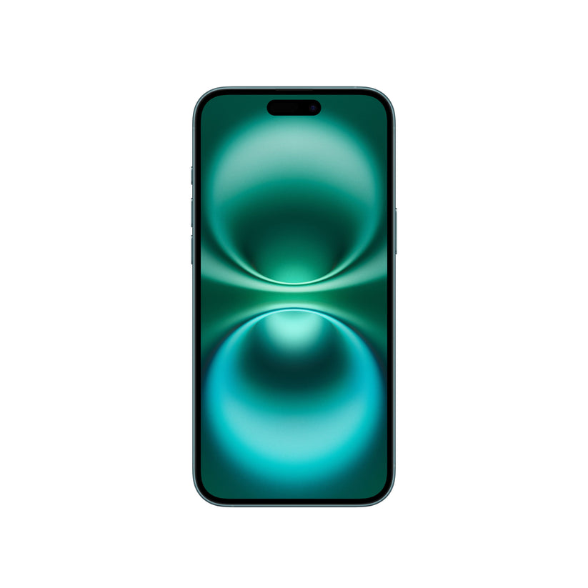 A front-facing view of the teal iPhone 16 showing its rich teal Super Retina XDR display, slim bezels, side buttons along the color-matched aluminum frame, and the pill-shaped Dynamic Island cutout.