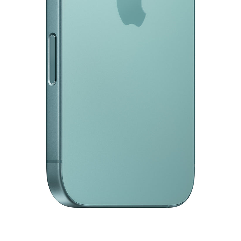 A close-up macro view of the teal iPhone 16 highlighting the rounded bottom corner, the color-infused teal matte glass back showing the lower portion of the Apple logo, and the physical Camera Control button seamlessly embedded into the color-matched aluminum side frame.