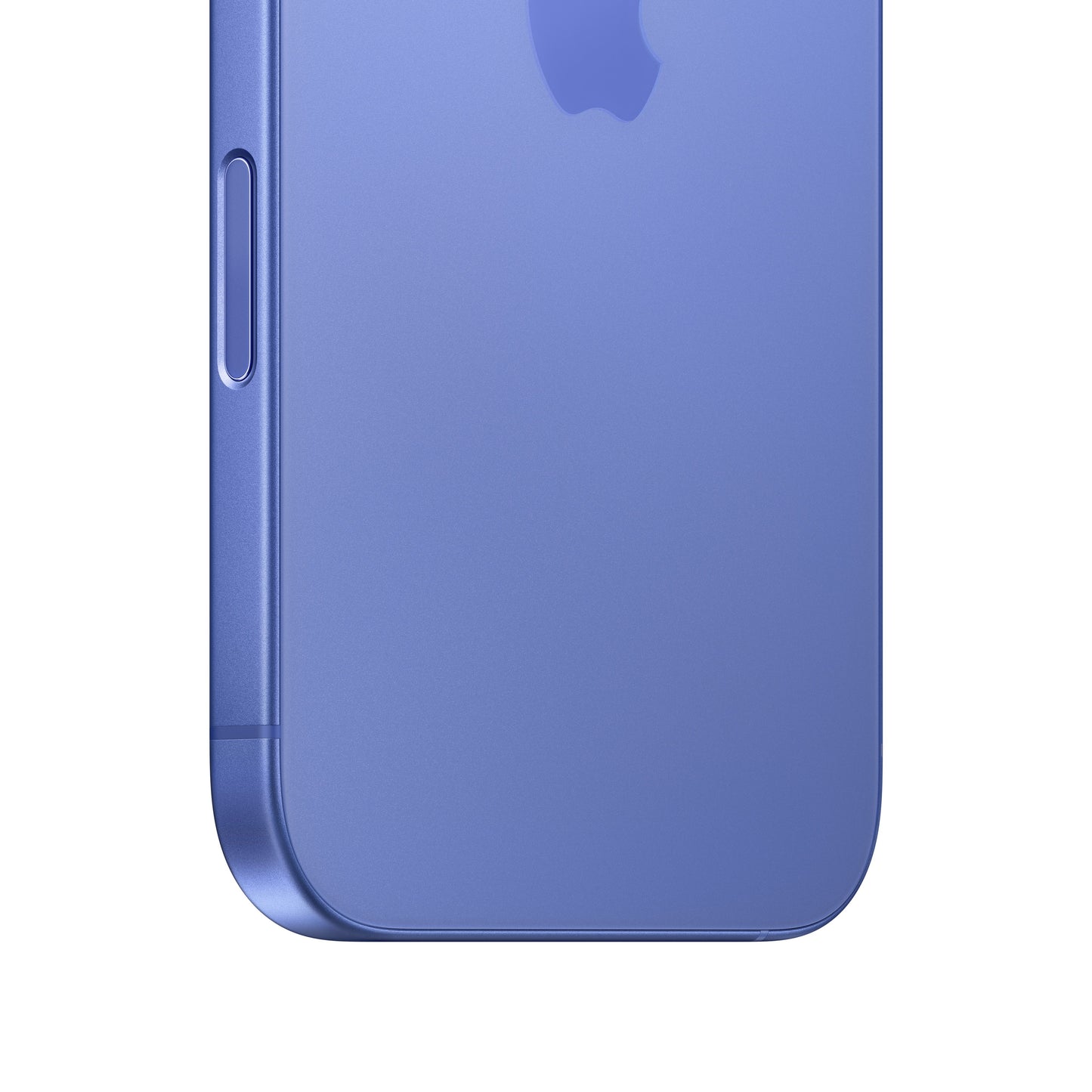 A close-up macro view of the dark-colored iPhone 16 showing the rounded bottom corner, the matte glass back with the lower portion of the Apple logo, and the physical Camera Control button embedded flush into the side frame.