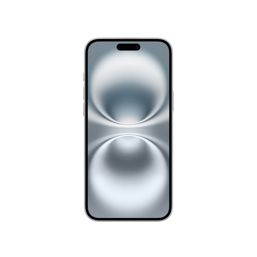 A front-facing view of the white iPhone 16 showing its clean white Super Retina XDR display, slim bezels, side buttons along the silver aluminum frame, and the pill-shaped Dynamic Island cutout.