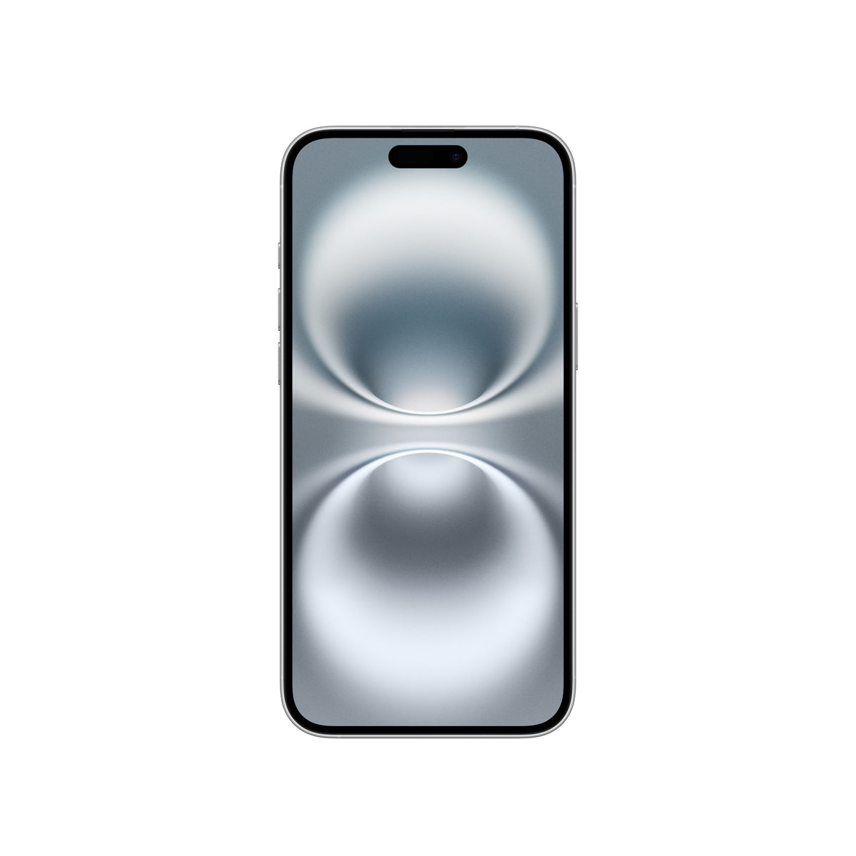 A front-facing view of the white iPhone 16 showing its clean white Super Retina XDR display, slim bezels, side buttons along the silver aluminum frame, and the pill-shaped Dynamic Island cutout.