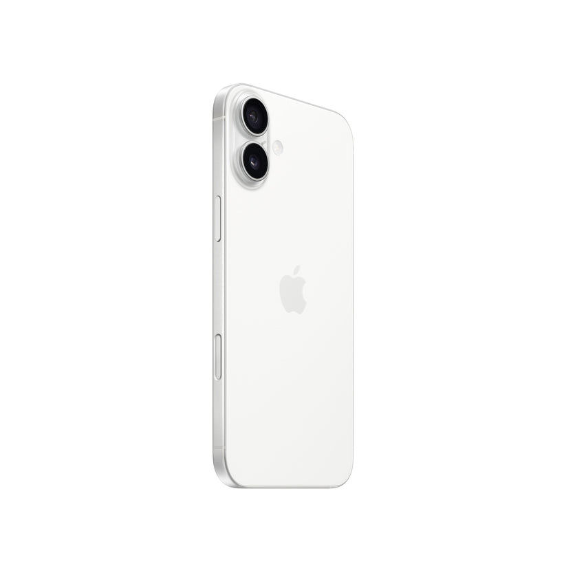 An angled rear view of the white iPhone 16 showcasing its clean white glass back, centered Apple logo, vertical dual-lens camera island with the flash, and the physical buttons on the side frame.