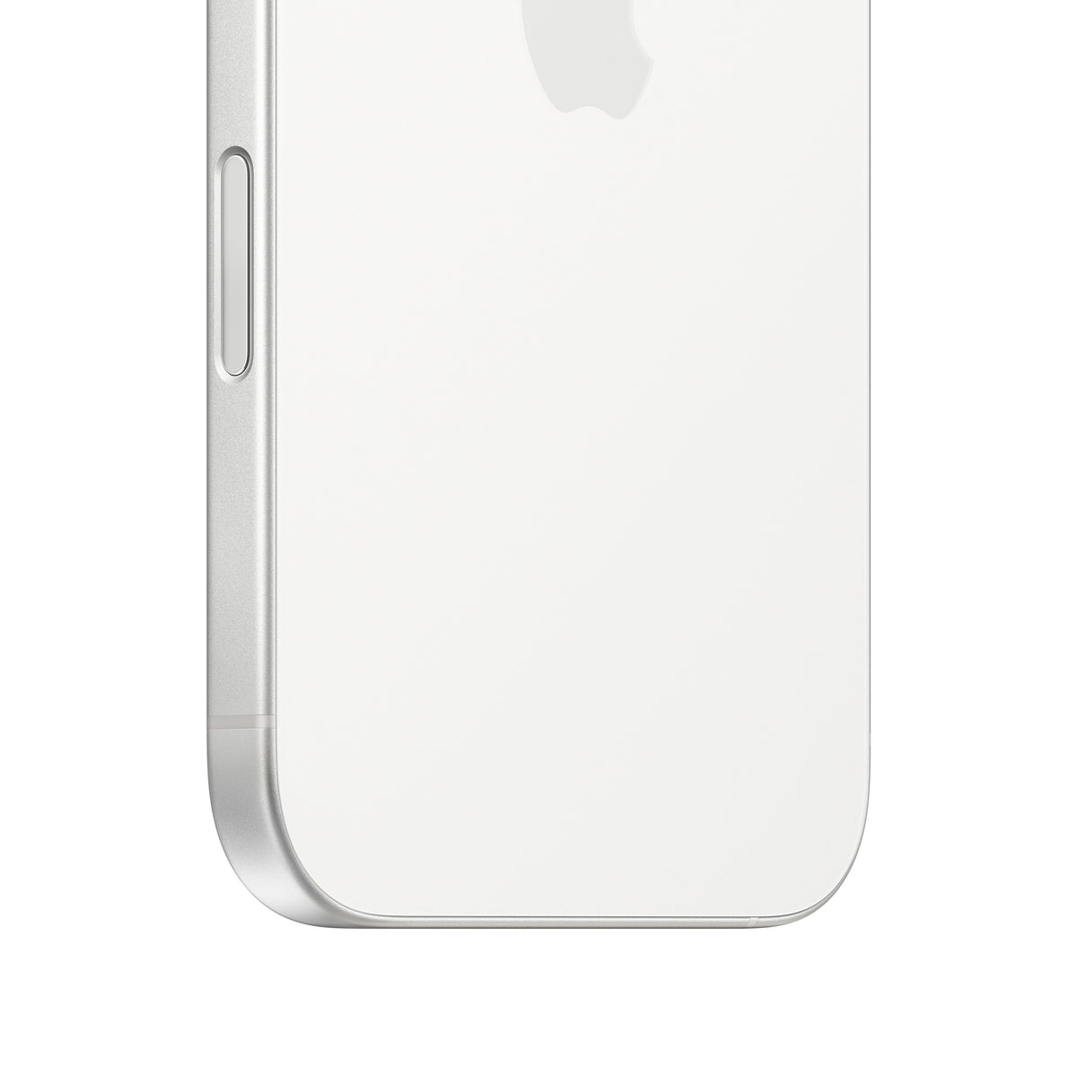 A close-up macro view of the white iPhone 16 highlighting the rounded bottom corner, the clean white matte glass back showing the lower portion of the Apple logo, and the physical Camera Control button seamlessly embedded into the silver aluminum side frame.