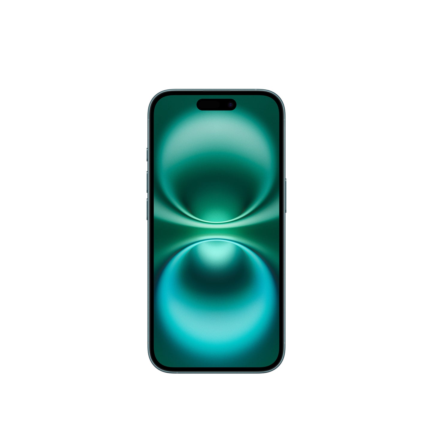 A front-facing view of the teal iPhone 16 showing its rich teal Super Retina XDR display, slim bezels, side buttons along the color-matched aluminum frame, and the pill-shaped Dynamic Island cutout.