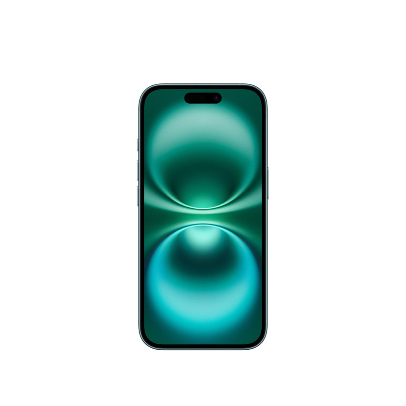 A front-facing view of the teal iPhone 16 showing its rich teal Super Retina XDR display, slim bezels, side buttons along the color-matched aluminum frame, and the pill-shaped Dynamic Island cutout.