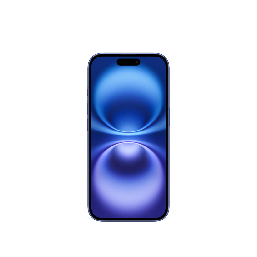 A front-facing view of the ultramarine iPhone 16 showing its vibrant blue Super Retina XDR display, slim bezels, physical buttons along the frame, and the pill-shaped Dynamic Island cutout.