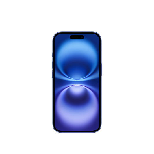 A front-facing view of the ultramarine iPhone 16 showing its vibrant blue Super Retina XDR display, slim bezels, physical buttons along the frame, and the pill-shaped Dynamic Island cutout.