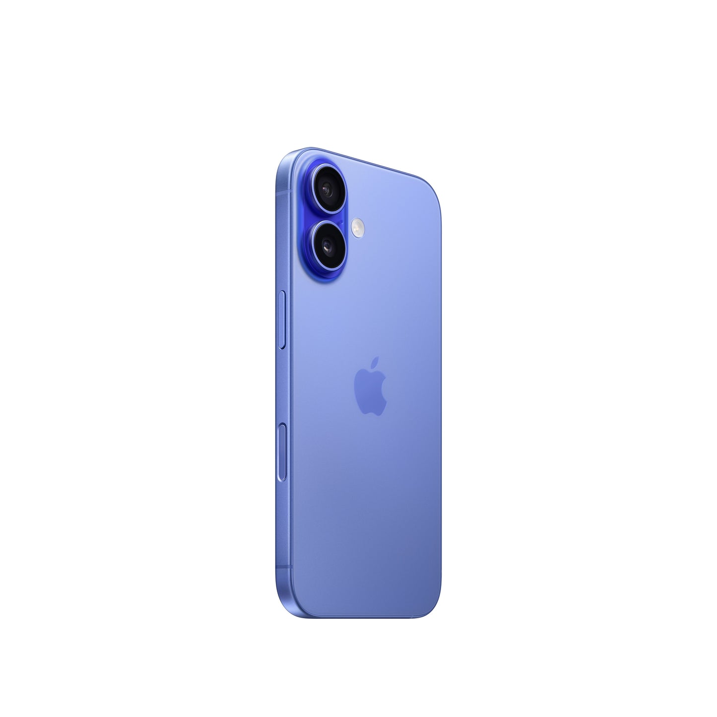 An angled rear view of the ultramarine iPhone 16 showing its color-infused glass back, centered Apple logo, raised vertical dual-lens camera module with a flash beside it, and the physical buttons on the side frame.