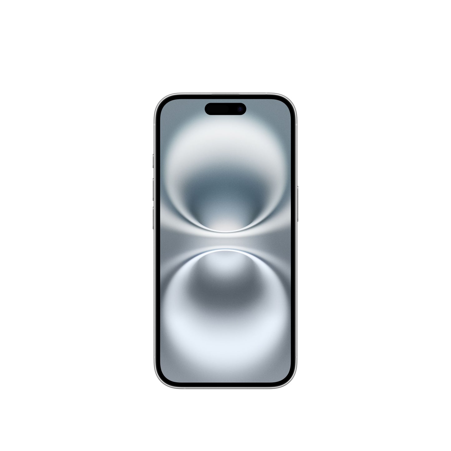 A front-facing view of the white iPhone 16 showing its clean white Super Retina XDR display, slim bezels, side buttons along the silver aluminum frame, and the pill-shaped Dynamic Island cutout.