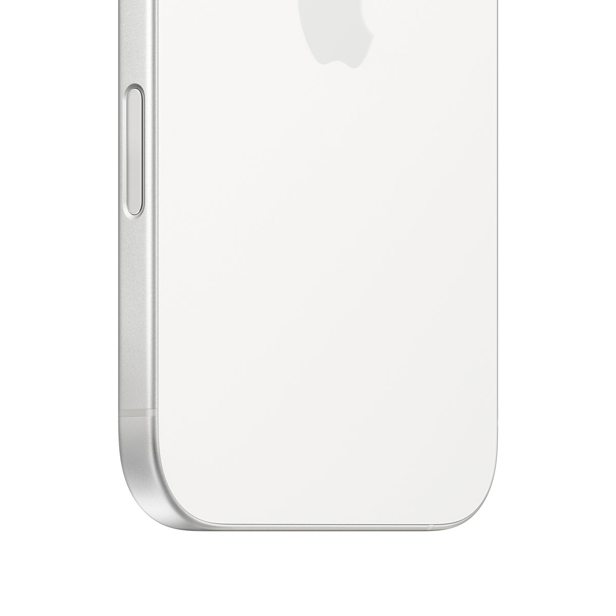 A close-up macro view of the white iPhone 16 highlighting the rounded bottom corner, the clean white matte glass back showing the lower portion of the Apple logo, and the physical Camera Control button seamlessly embedded into the silver aluminum side frame.