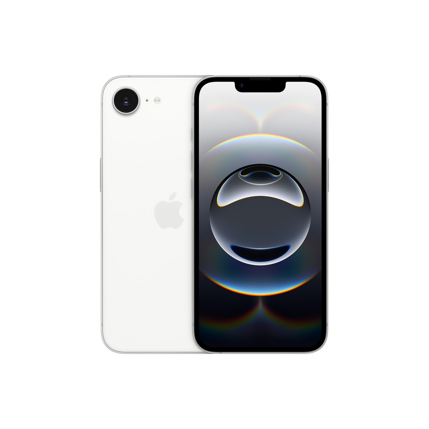 The newly provided image shows a white-colored smartphone featuring a single rear camera lens and a front display with a notch, consistent with the design language of the device shown in the previous image rather than the standard iPhone 16e.