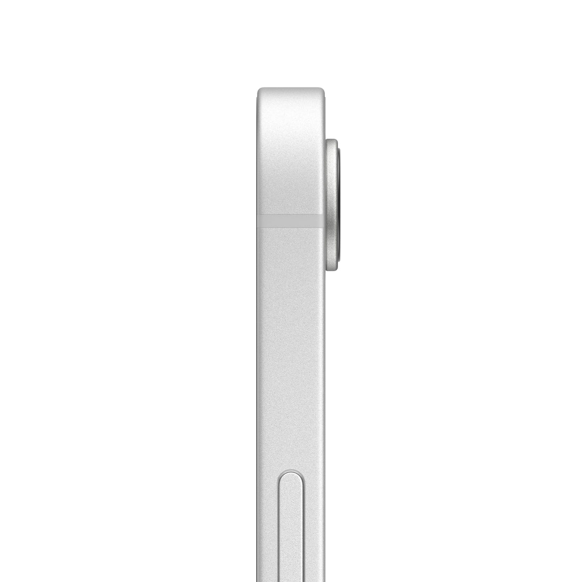 A close-up side profile view of the silver iPhone 16e featuring a matte silver-colored aluminum frame, the raised single-lens camera bump, and the physical Action button embedded along the side.