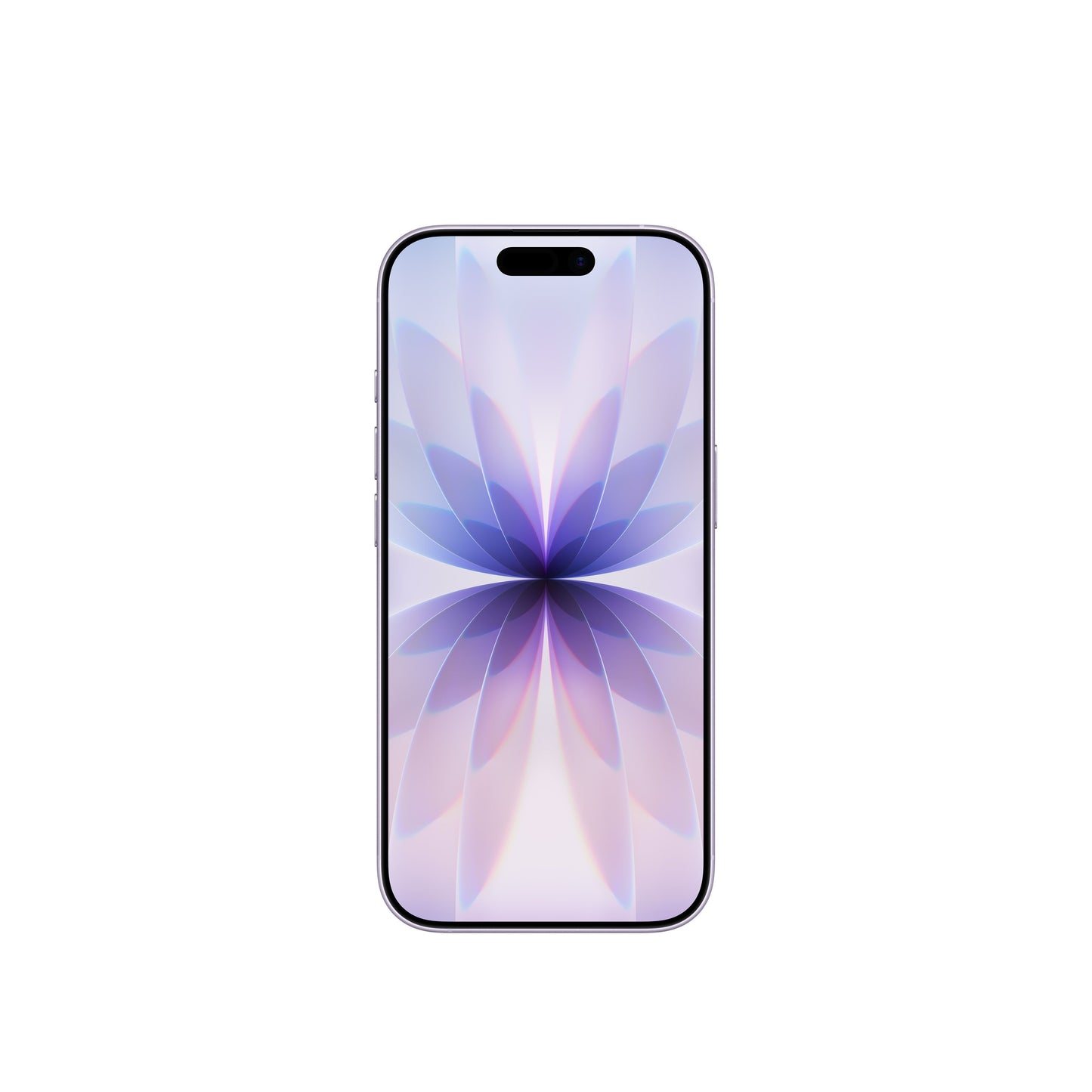 A front-facing view of the Lavender smartphone, highlighting its edge-to-edge display with the Dynamic Island and the symmetrical, light-toned floral abstract wallpaper.