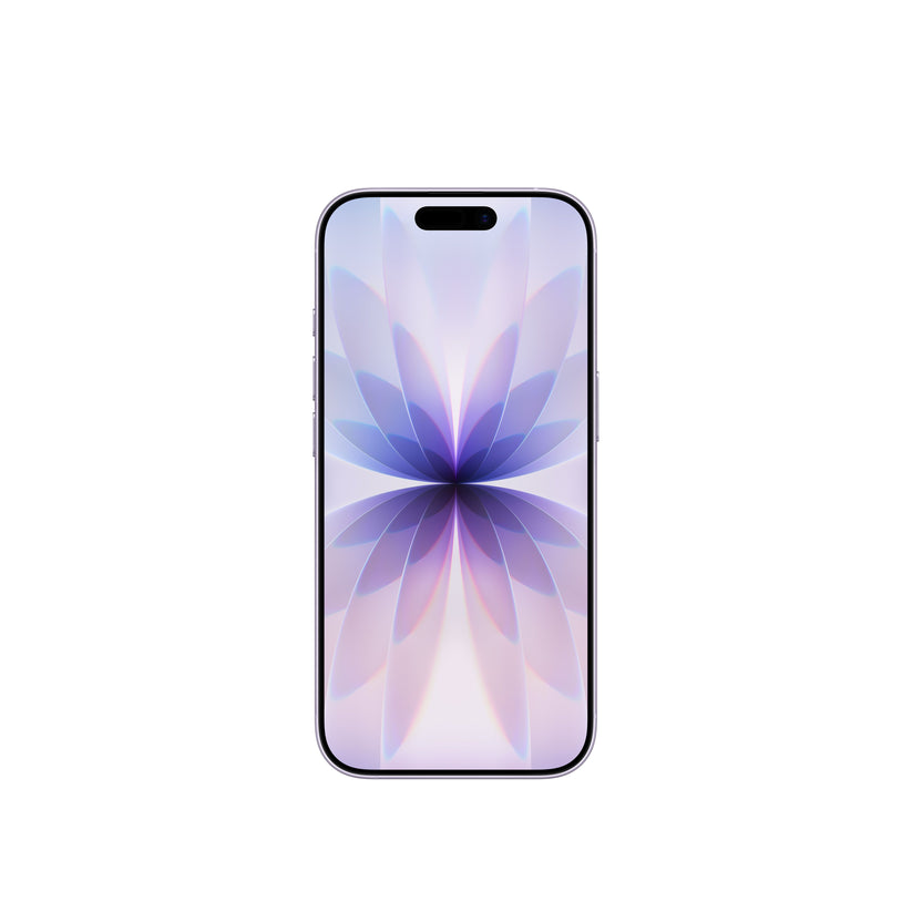 A front-facing view of the Lavender smartphone, highlighting its edge-to-edge display with the Dynamic Island and the symmetrical, light-toned floral abstract wallpaper.
