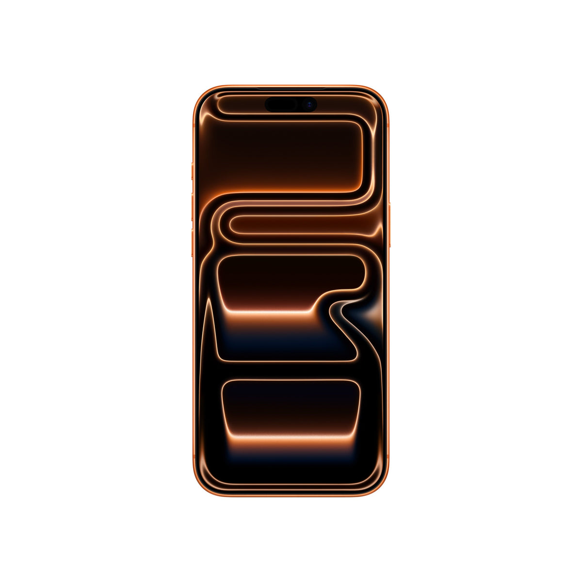 A front-facing view of the iPhone 17 Pro Max in Cosmic Orange, featuring the edge-to-edge display, Dynamic Island, and a matching orange-toned abstract wallpaper.