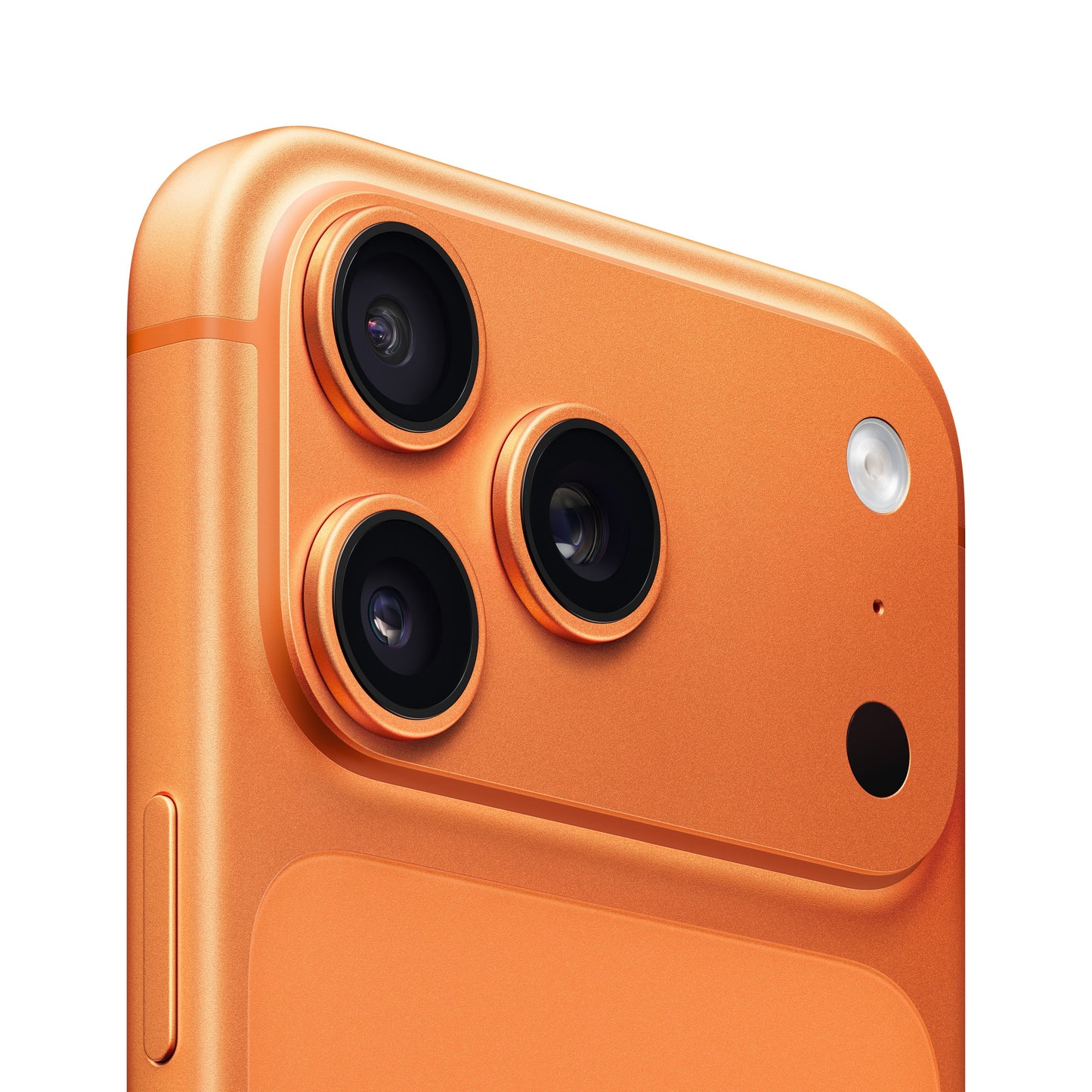 A close-up view of the rear camera module on the iPhone 17 Pro Max in Cosmic Orange, highlighting the triple-lens layout, flash, microphone, and raised housing design.