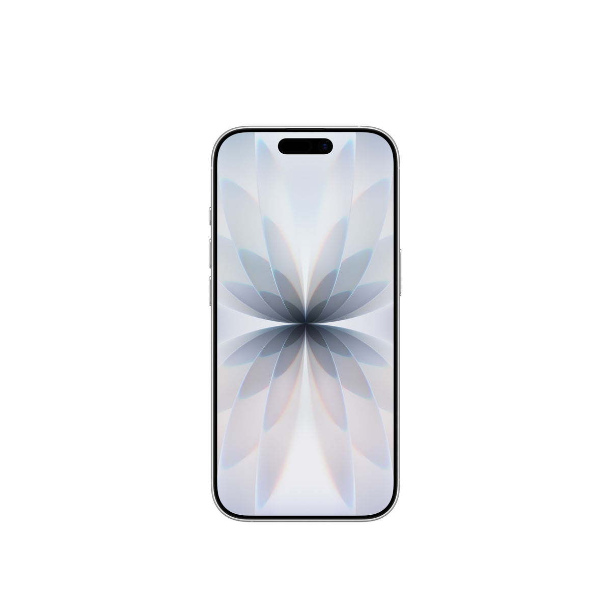 A front-facing view of the white smartphone, highlighting its edge-to-edge display with the Dynamic Island and the symmetrical, light-toned floral abstract wallpaper.