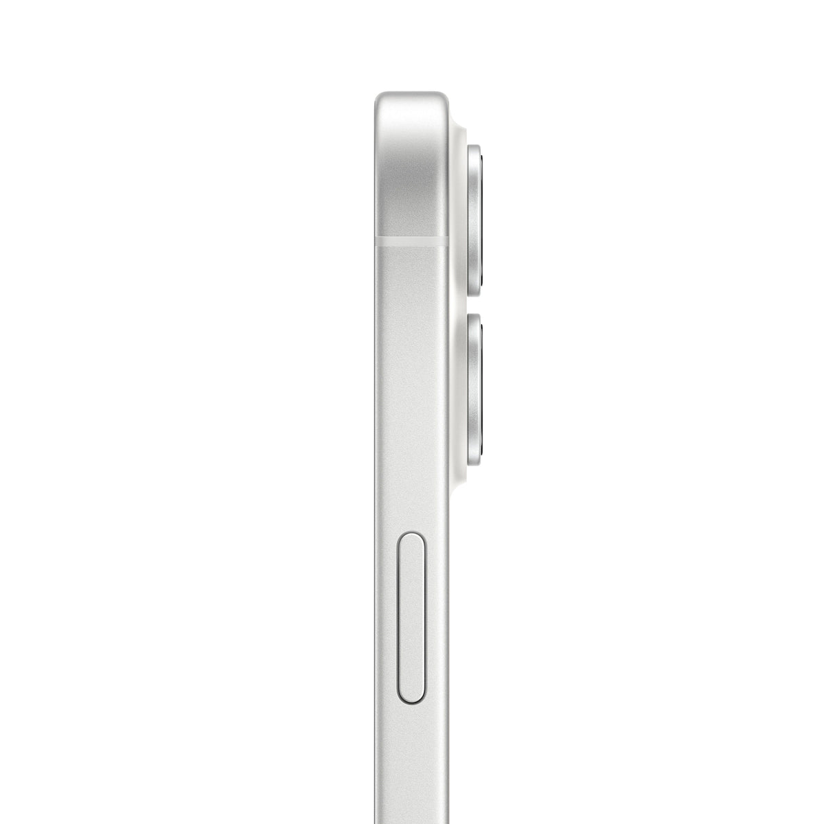 A side profile view of the white smartphone, showing the side button and the protruding lenses of the vertical dual-camera system.