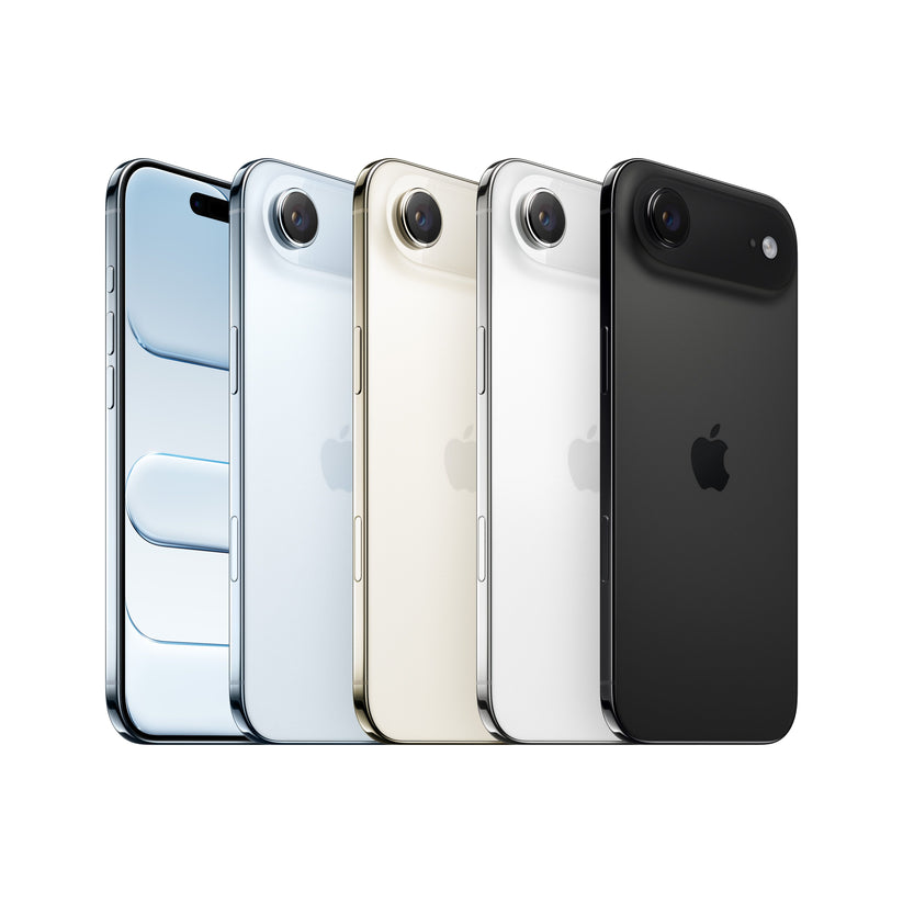 A lineup of the iPhone Air in five color and display configurations, arranged from left to right: a light blue model showing its front screen with the Dynamic Island, followed by rear views of the light blue, gold, white, and dark variants, each highlighting the signature horizontal "plateau" camera bar.