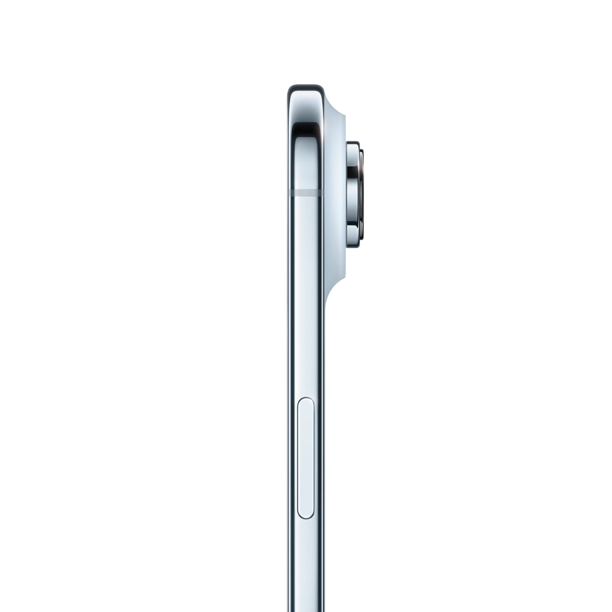 A profile side view of the light blue iPhone Air, highlighting its ultra-slim chassis, polished cool-toned metal frame, side button, and the distinct protrusion of the horizontal camera plateau and single lens on the rear.