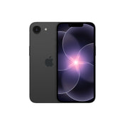 A dark-colored smartphone displayed from both the front and back, featuring a single-lens rear camera with an adjacent flash, a centered Apple logo, and a front display with a top notch and a glowing purple abstract floral wallpaper.