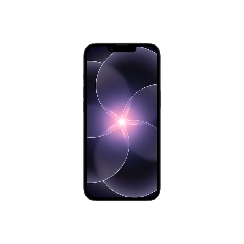 A front-facing view of a dark-colored smartphone displaying an edge-to-edge screen with a top notch and a glowing purple abstract floral wallpaper.