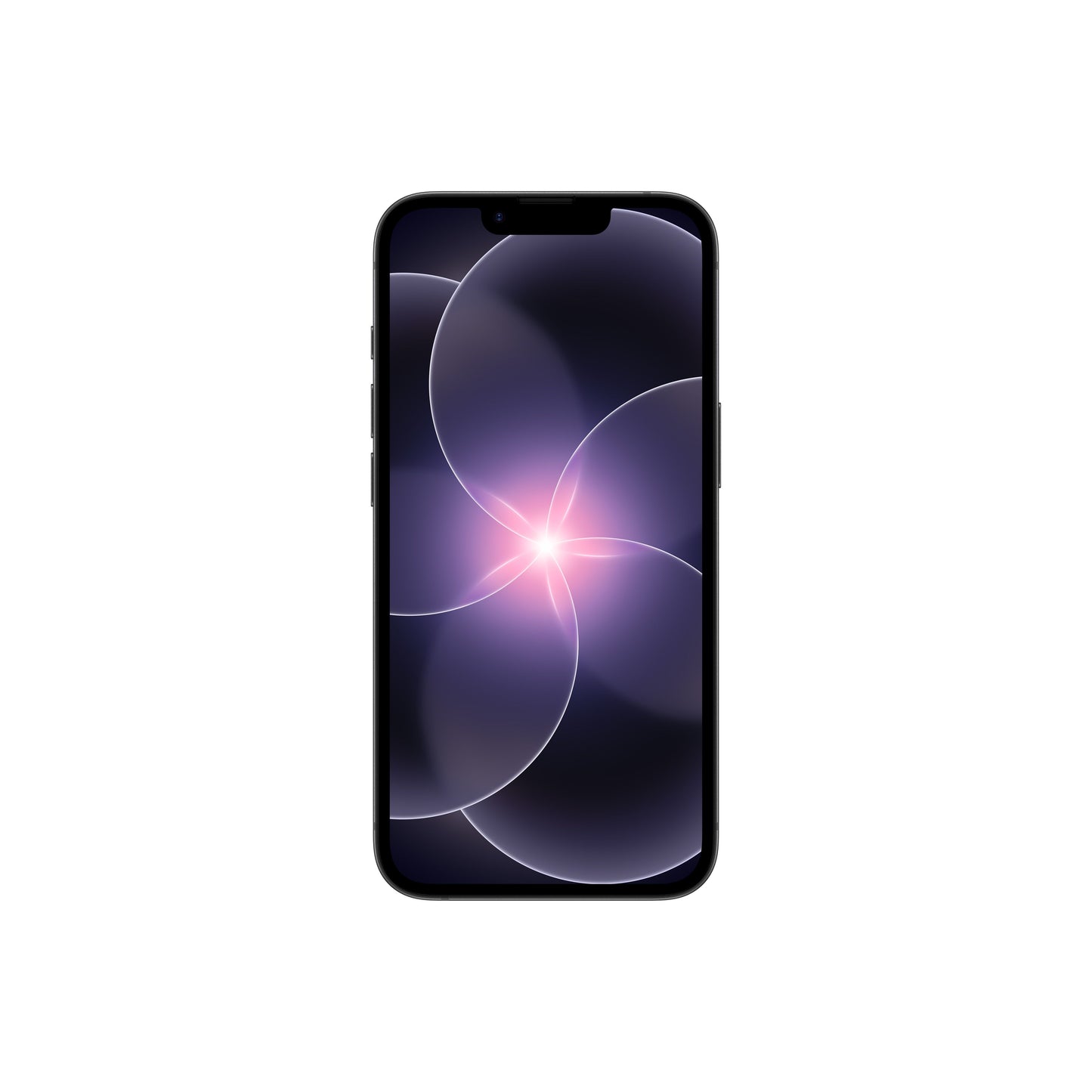 A front-facing view of a dark-colored smartphone displaying an edge-to-edge screen with a top notch and a glowing purple abstract floral wallpaper.