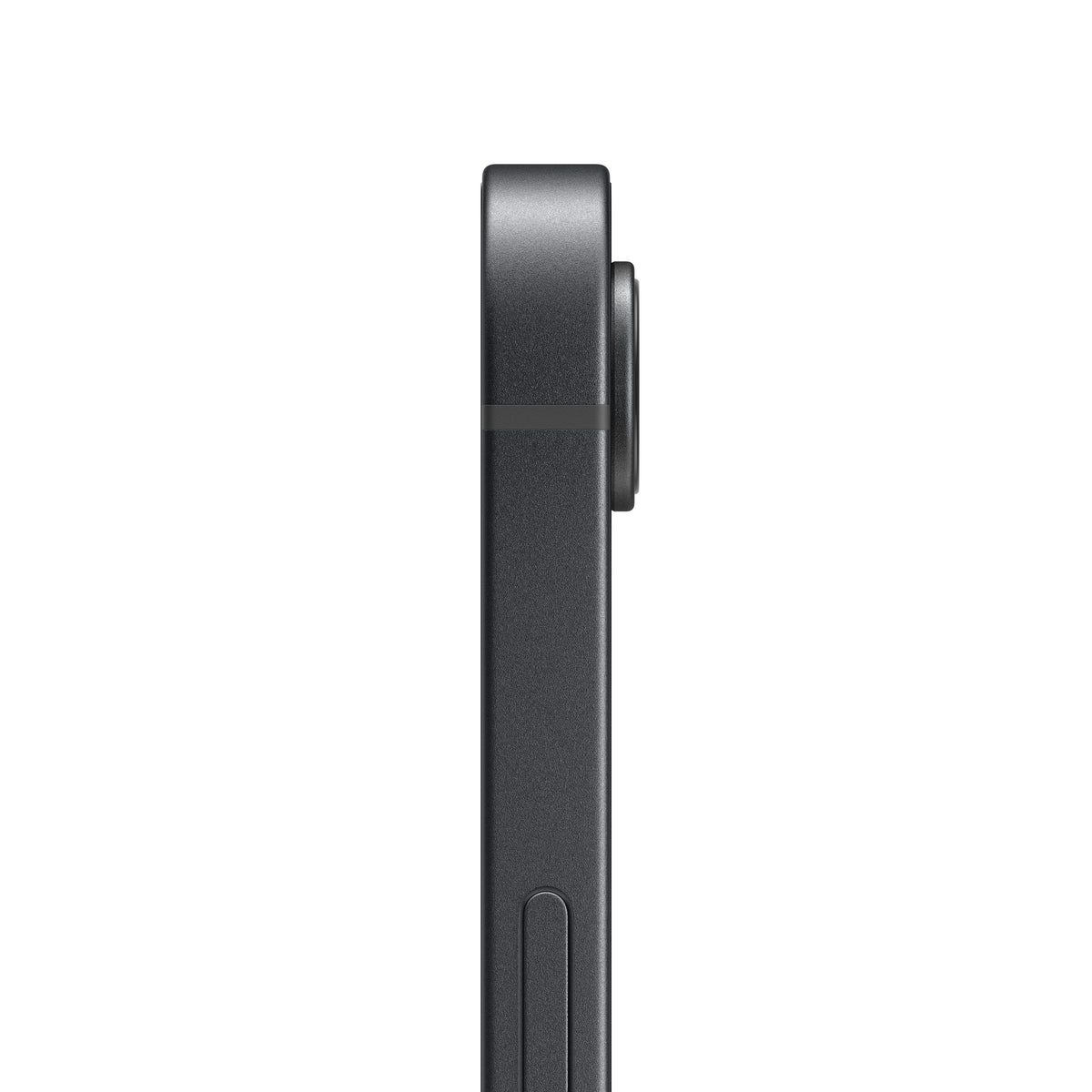 A side profile view of the dark-colored smartphone, showing the side button and the protruding lens of the single rear camera system.