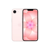 A pink smartphone displayed from both the front and back, featuring a single-lens rear camera with an adjacent flash, a centered Apple logo, and a front display with a top notch and a vibrant pink floral abstract wallpaper.