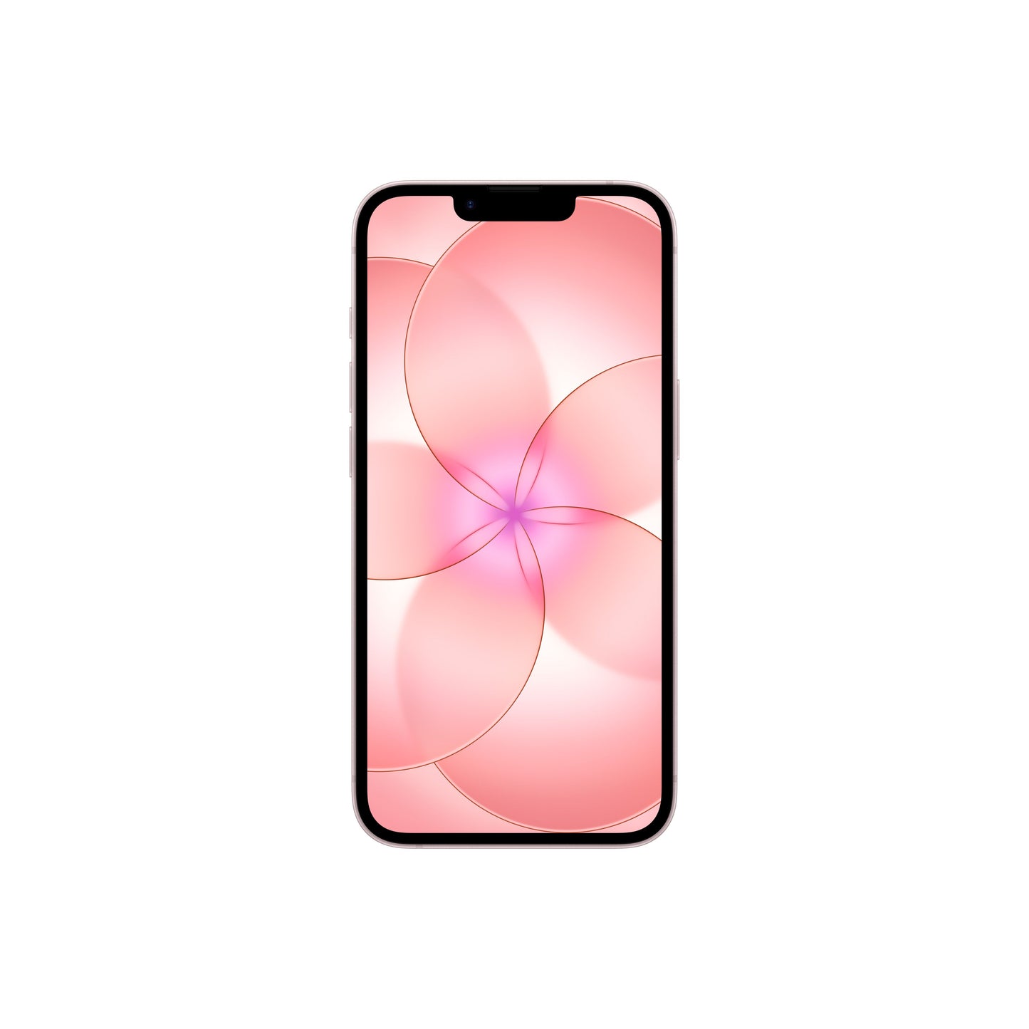 A front-facing view of a pink smartphone displaying an edge-to-edge screen with a top notch and a vibrant pink floral abstract wallpaper.