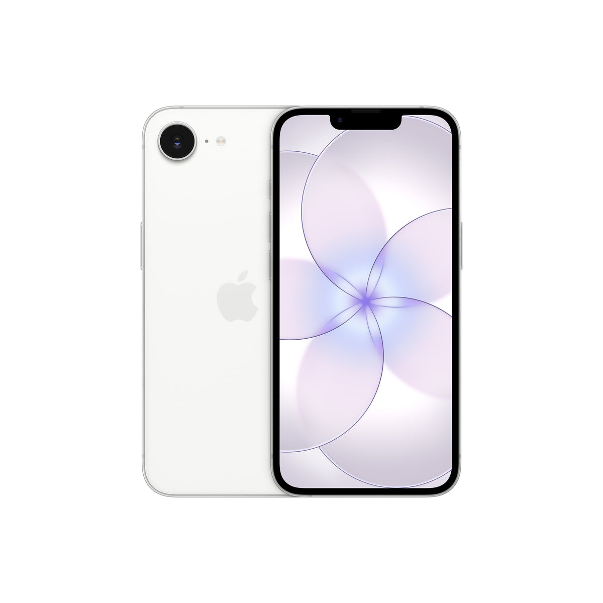 A white smartphone displayed from both the front and back, featuring a single-lens rear camera with an adjacent flash, a centered Apple logo, and a front display with a top notch and a light purple floral abstract wallpaper.