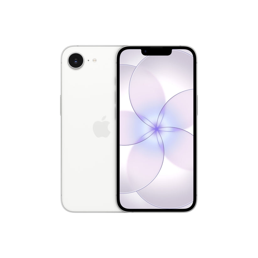 A white smartphone displayed from both the front and back, featuring a single-lens rear camera with an adjacent flash, a centered Apple logo, and a front display with a top notch and a light purple floral abstract wallpaper.