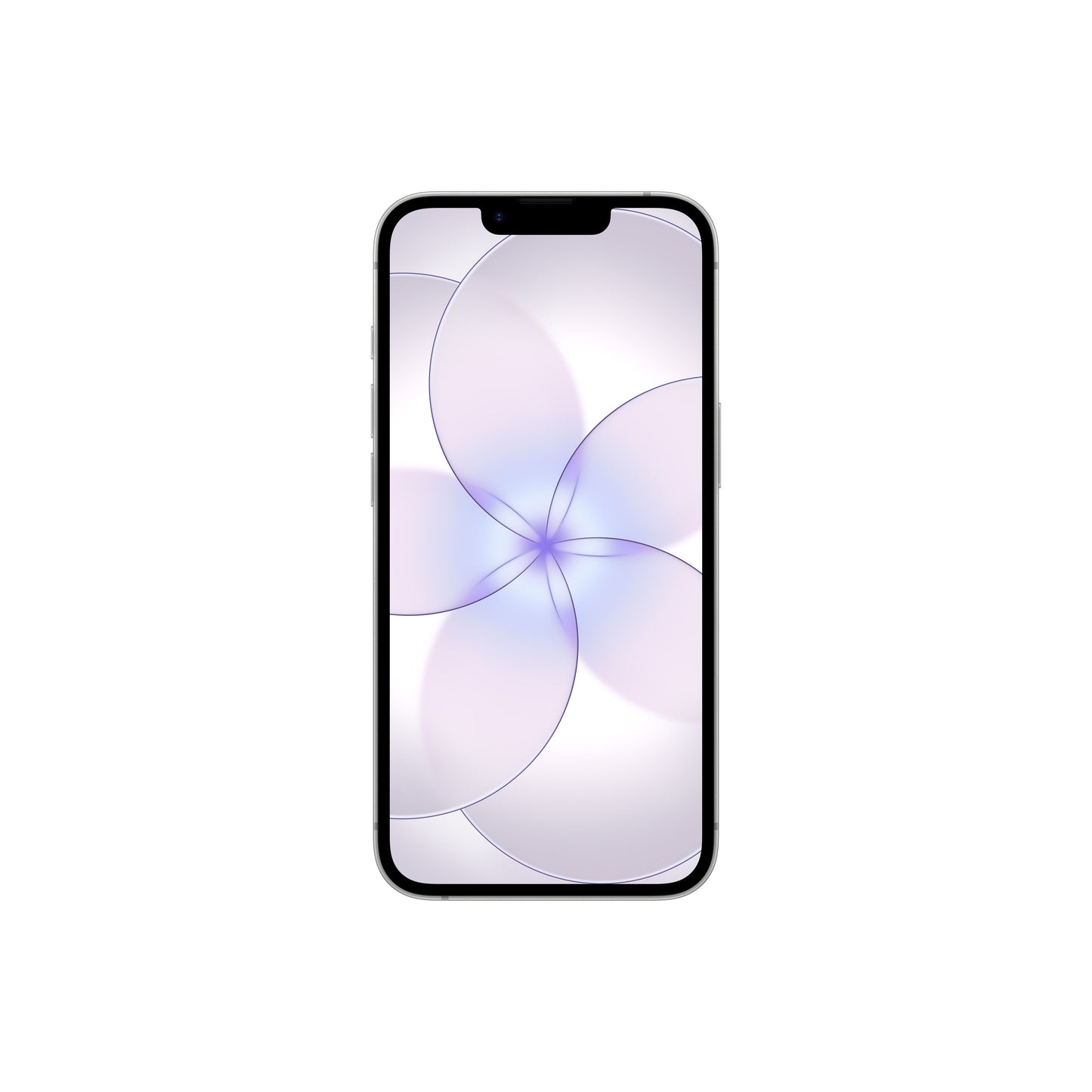 A front-facing view of a white smartphone featuring an edge-to-edge display with a top notch and a light purple floral abstract wallpaper.