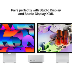 A desktop setup featuring the Mac Studio positioned centrally between a Studio Display and a Studio Display XDR.