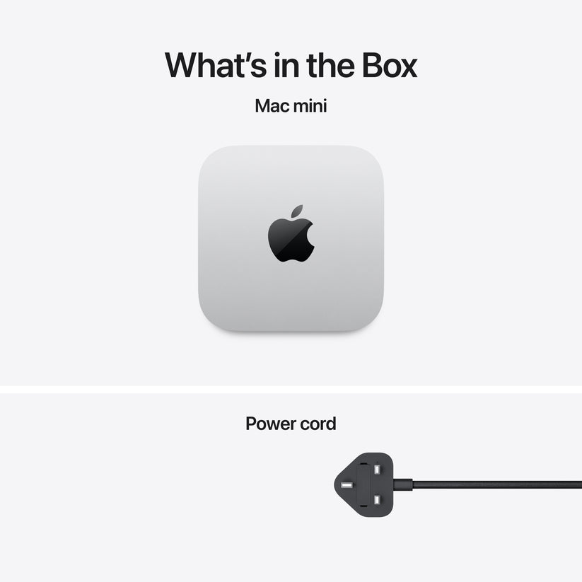 Unboxed retail items displaying the Mac mini M5 Pro 512GB Silver and power cord from Tradeline Egypt.