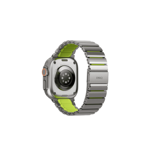 UNIQ STROVA FLEX APPLE WATCH SELF-ADJUSTABLE STEEL LINK BAND 49/46/45/44MM - TITANIUM SLIVER/LIME GREEN