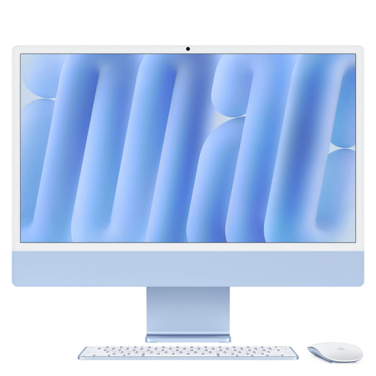 Front display view of the 24-inch iMac Retina 4.5K M4 10-core CPU 512GB Blue at Tradeline.