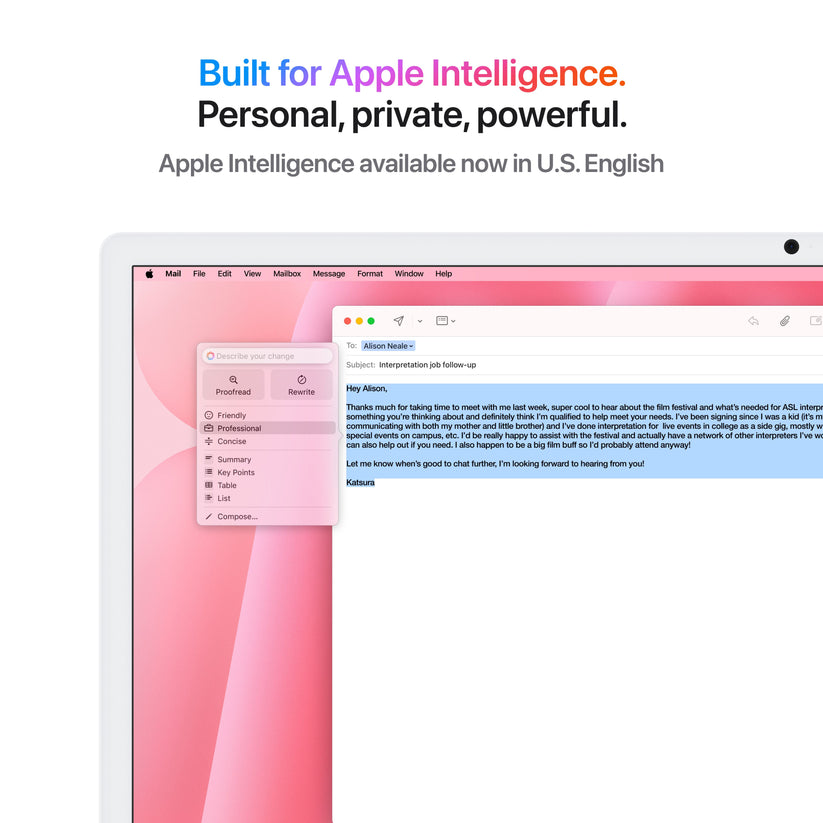 Screen demonstration of Apple Intelligence tools on 24-inch iMac M4 256GB Pink at Tradeline.