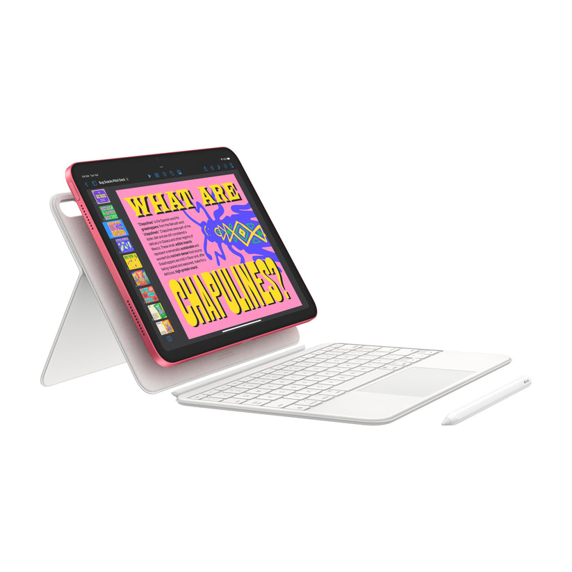 Apple iPad A16 Wi-Fi 128GB Blue set up with Magic Keyboard accessory and Apple Pencil at Tradeline.