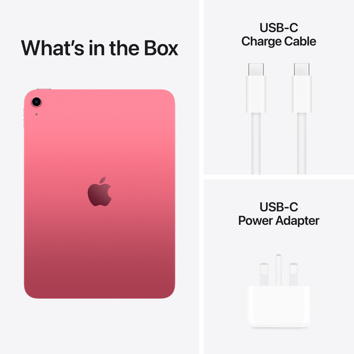 Standard in-box accessories including USB-C cable and adapter for Apple iPad A16 128GB Pink at Tradeline.