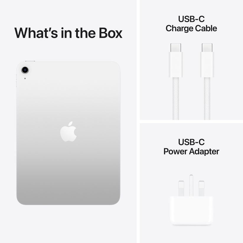 In-box components detailing the power adapter and charging cable for Apple iPad A16 128GB Silver at Tradeline.