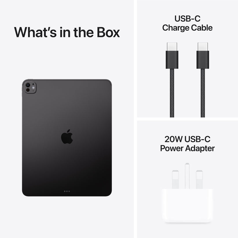 Package contents with power adapter and USB-C cable for Apple iPad Pro M5 13-inch 1TB Space Black at Tradeline.