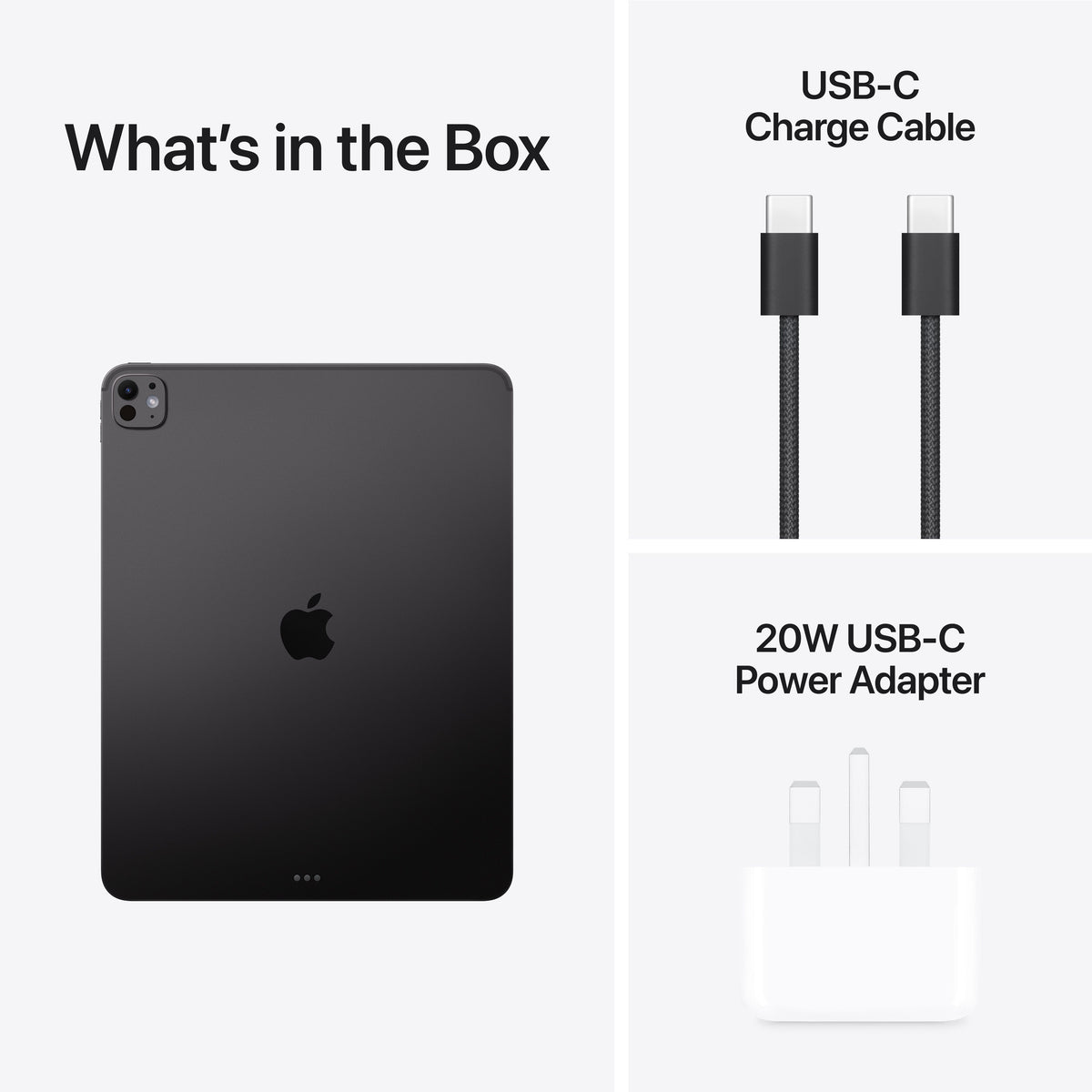 Box content accessories including cable and charging adapter for Apple iPad Pro M5 13-inch 256GB Space Black at Tradeline.