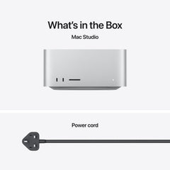 Packaging breakdown detailing the Apple Mac Studio M5 Max 512GB SSD and included power cord at Tradeline.