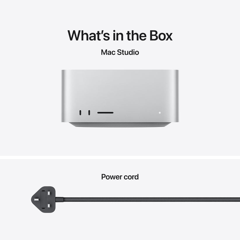 Box contents showing the Apple Mac Studio M5 Ultra 1TB SSD desktop alongside its power cord at Tradeline.