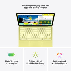 Battery capability highlight detailing up to 16 hours life on the 13-inch MacBook Neo Indigo at Tradeline.