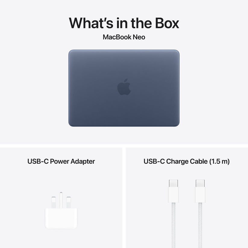 Unboxed accessories featuring charging cable and power adapter for 13-inch MacBook Neo Indigo at Tradeline.