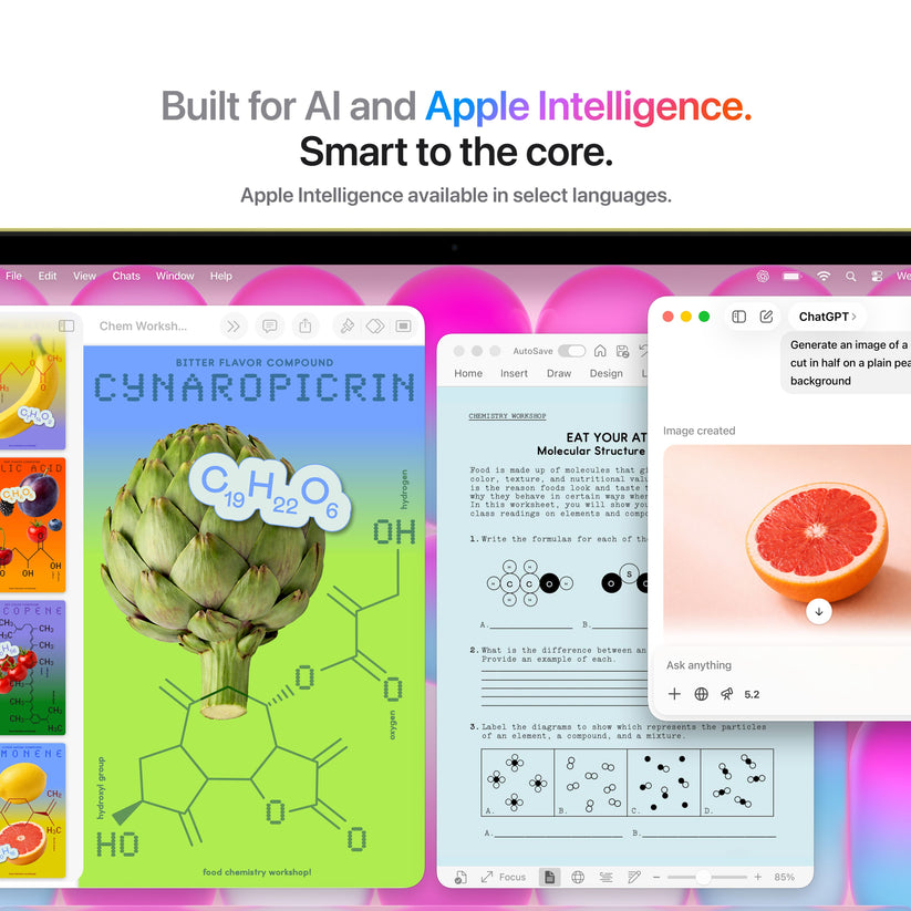 Feature highlight showcasing Apple Intelligence on the 13-inch MacBook Neo A18 Pro Citrus from Tradeline.