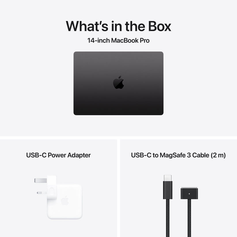 Packaging contents including power adapter and USB-C cable for 14-inch MacBook Pro M5 Space Black at Tradeline.